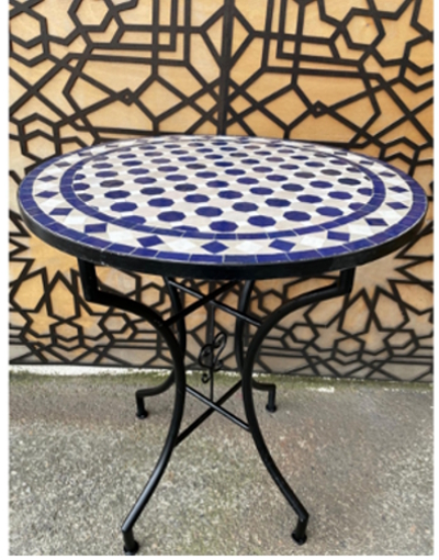 outdoor moroccan blue and white mosaic table